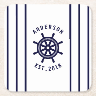 Nautische Helm Wit en Marine Blauw Gestreept Custo Vierkante Kartonnen Onderzetter