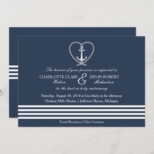 Nautische huwelijksuitnodiging, Achor Rope Heart K Kaart (Voorkant / Achterkant)