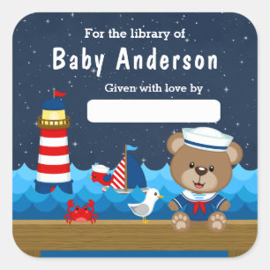 Nautische Jongensbeer Rood en Marine Baby Boekplaa Vierkante Sticker