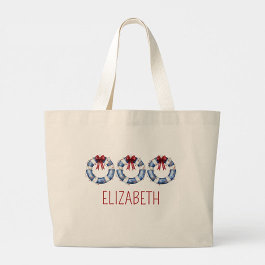 Nautische Kerstman Life Preserver met boog Grote Tote Bag (Achterkant)