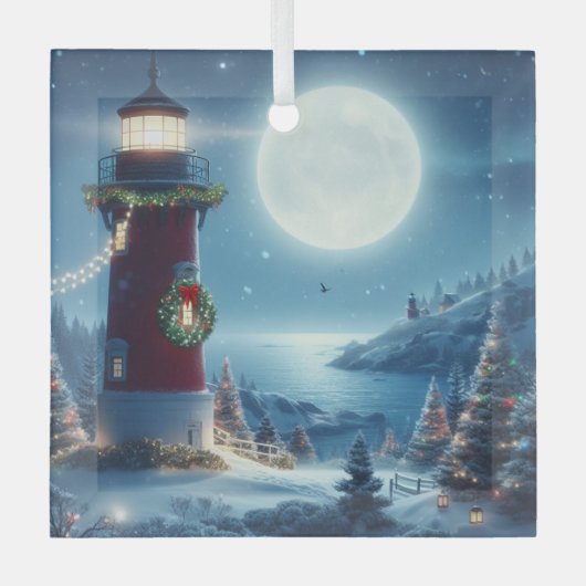 Nautische Kerstvuurtoren Glas Ornament (Voorkant)