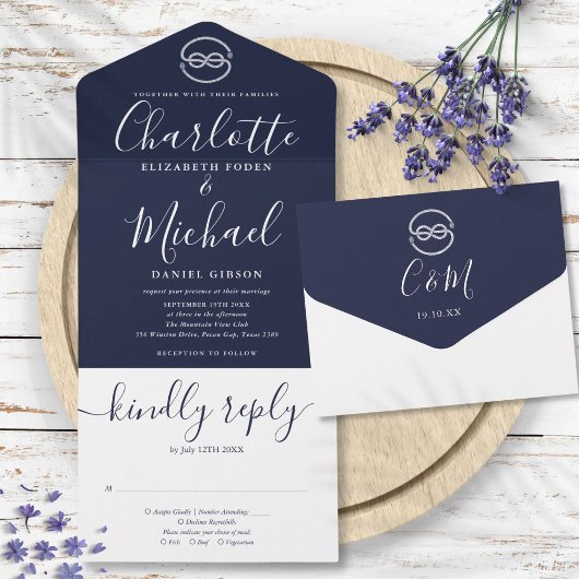 Nautische knoop Navy blauw en wit script bruiloft All In One Uitnodiging