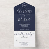 Nautische knoop Navy blauw en wit script bruiloft All In One Uitnodiging (Binnen)
