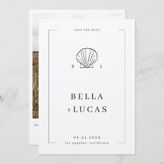 Nautische Kust Shell Monogram QR Code Wedding Save The Date (Voorkant / Achterkant)