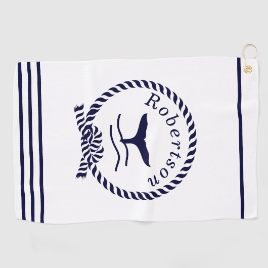 Nautische kustnaam Zeilboot Whale Navy Blue Golfhanddoek (Horizontaal)