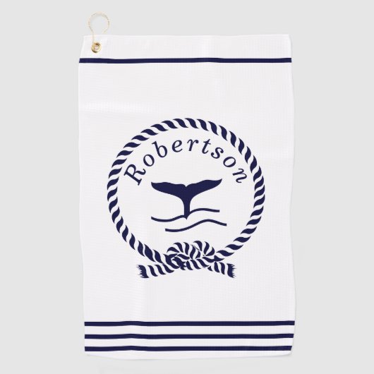 Nautische kustnaam Zeilboot Whale Navy Blue Golfhanddoek (Voorkant)