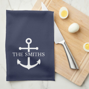Nautische Marine Blauw Anker Gepersonaliseerde Fam Theedoek