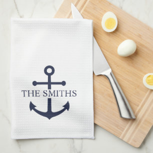 Nautische Marine Blauw Anker Gepersonaliseerde Fam Theedoek