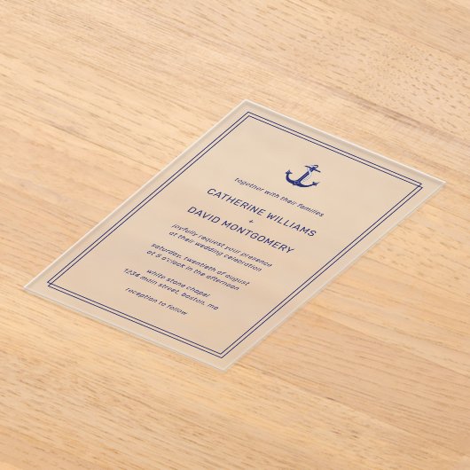 Nautische Marine Blauw Anker Typografie Huwelijk Acryl Uitnodigingen (Laagn)