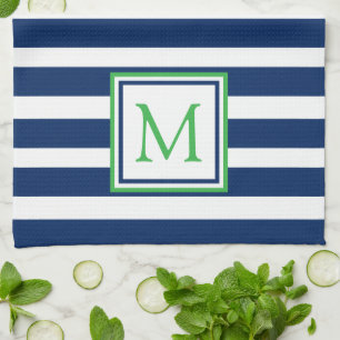 Nautische Marine Blauw en Groene Streep Monogram Theedoek