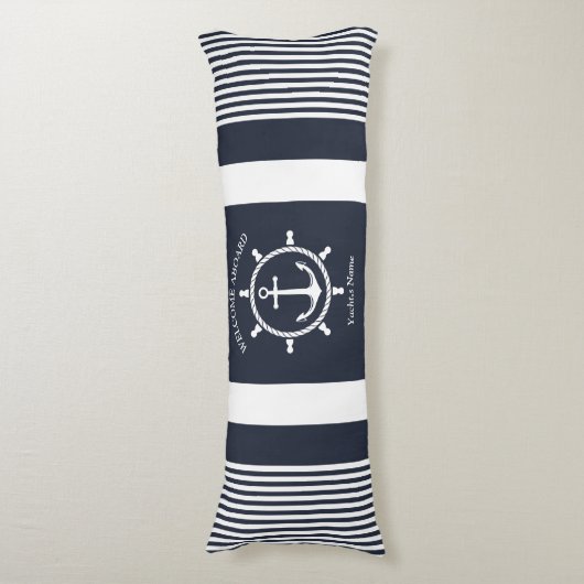 Nautische Marine blauw en wit gestreept met Anker Lichaamskussen (Voorkant Verticaal)