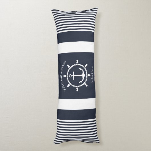 Nautische Marine blauw en wit gestreept met Anker Lichaamskussen (Achterkant (Verticaal))