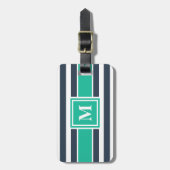 Nautische Marine Blauw en Wit Gestreept Monogram Bagagelabel (Voorkant verticaal)