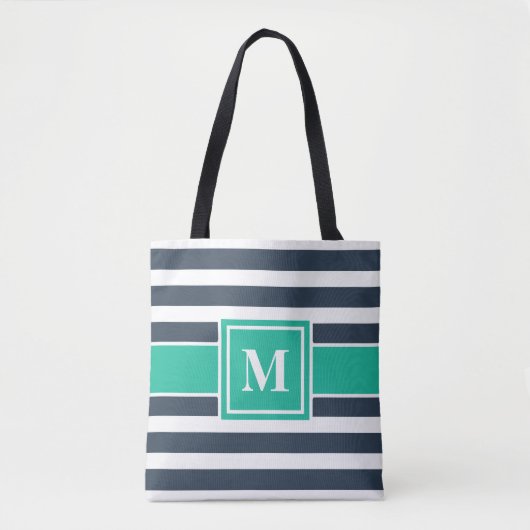 Nautische Marine Blauw en Wit Gestreept Monogram Draagtas (Voorkant)
