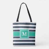 Nautische Marine Blauw en Wit Gestreept Monogram Draagtas (Achterkant)
