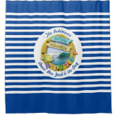 Nautische Marine Blauw Gestreepte Strandhut Zomer Douchegordijn (Voorkant)