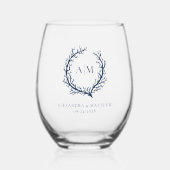 Nautische Marine Blauw Koraalrif Monogram Bruiloft Wijnglas Zonder Voet (Voorkant)