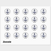 Nautische marine blauw silhouet anker zwart touw ronde sticker (Vel)