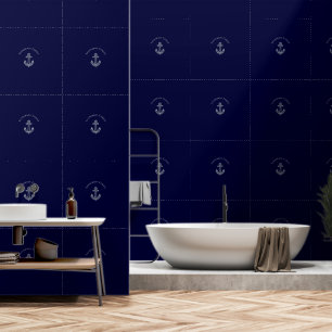 Nautische Marine Blauw Wit Anker Naam Monogram Behang
