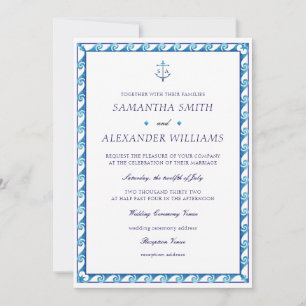Nautische Marine Blauw Wit Monogram Anker Wedding Kaart
