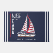 Nautische Marine Blauw Wit Rood Zeilboot Lake Hous Deurmat (Voorkant)