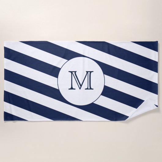 Nautische Marine Blauw & Witte Streep Custom Monog Strandlaken (Voorkant)