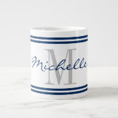 Nautische marine blauwe streep aangepaste monogram extra grote beker (Voorkant)