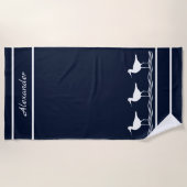 Nautische Marine Blauwe Zandlopers Vogels Strandla Strandlaken (Voorkant)