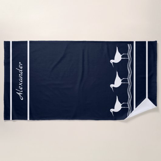 Nautische Marine Blauwe Zandlopers Vogels Strandla Strandlaken (Voorkant)