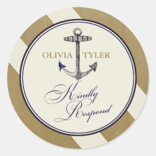 Nautische Marine & Gold Anchor RSVP Ronde Sticker