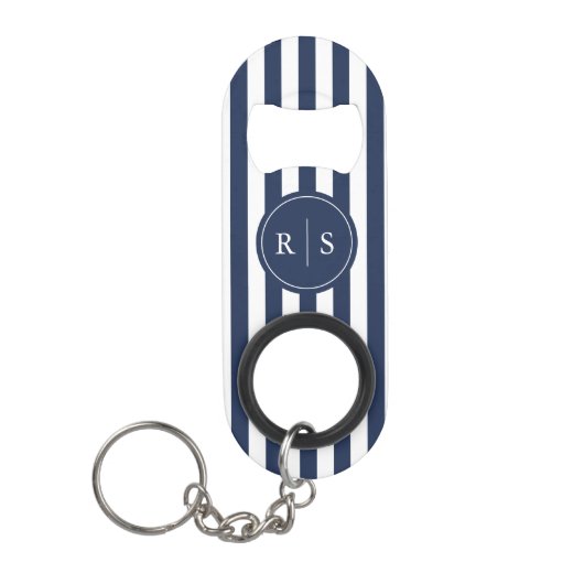 Nautische Marine Stripe Monogram Huwelijk Mini Flessenopener (Voorkant)