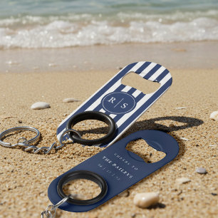 Nautische Marine Stripe Monogram Huwelijk Mini Flessenopener