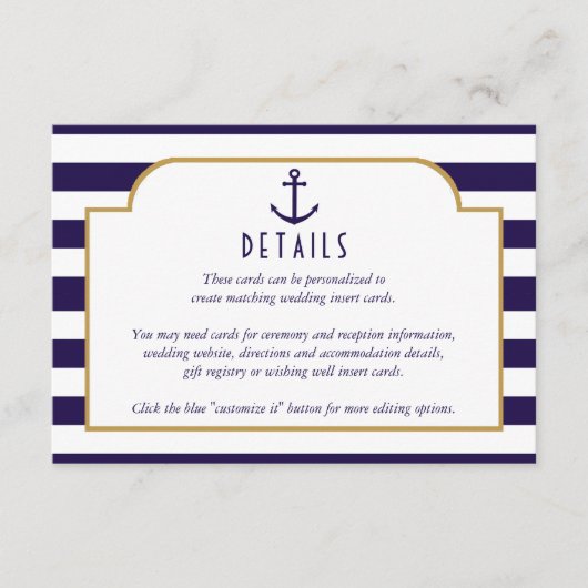 Nautische marine & witte streep anker bruiloft det informatiekaartje (Voorkant)