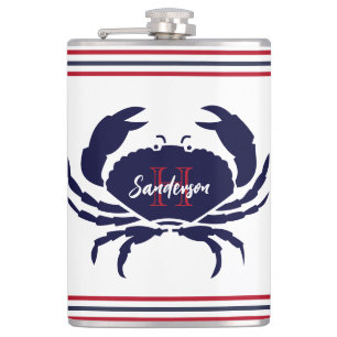 Nautische monogram rode marine blauwe witte krab heupfles