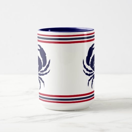 Nautische monogram rode marine blauwe witte krab mok (Midden)