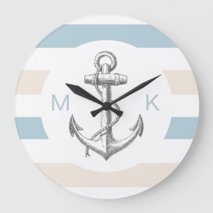 Nautische monogram wandvergrendelingen grote klok
