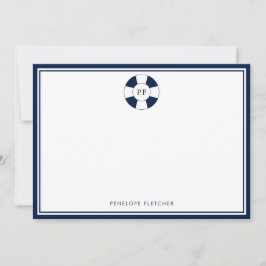 Nautische Navy en Witte Streep Monogram Notitiekaa Notitiekaartje