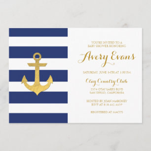 Nautische Navy Stripe Baby shower met Gold Anchor Kaart