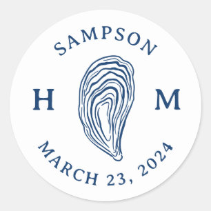 Nautische Oester Schelp Monogram met Naam Datum Ronde Sticker