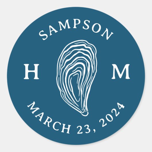 Nautische Oester Schelp Monogram met Naam Datum Ronde Sticker (Voorkant)
