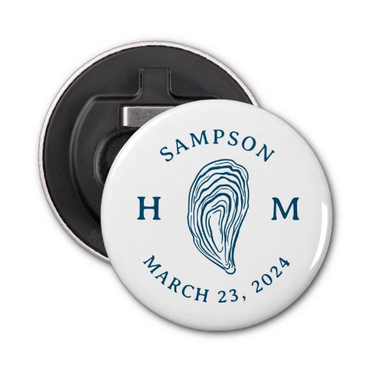 Nautische Oester Shell Monogram met Naam Datum Button Flesopener (Voorkant)