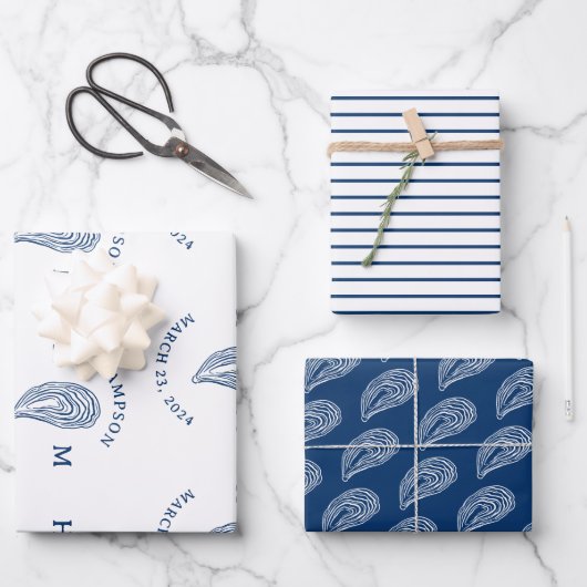 Nautische Oester Shell Monogram met Naam Datum Inpakpapier Vel (Voorkant)