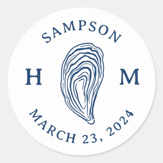 Nautische Oester Shell Monogram met Naam Datum Ronde Sticker (Voorkant)