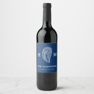 Nautische Oyster Shell Monogram met bruiloft datum Wijn Etiket