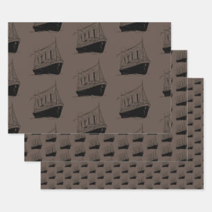 Nautische Retro Bruin en zwart Schip Zeilboot Inpakpapier Vel