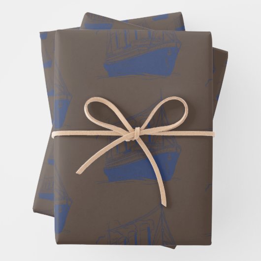 Nautische Retro Bruin Marine Blauw Schip Zeilboot Inpakpapier Vel (In situ)