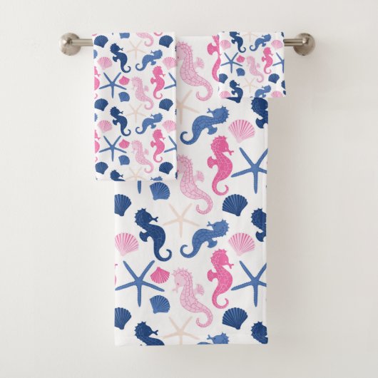 NAUTISCHE ROZE BLAUWE SCHELPEN ZEEPAARDJES BAD HANDDOEK (Insitu)
