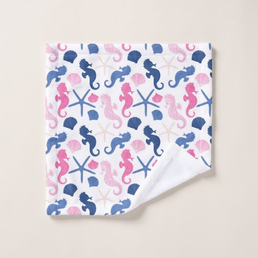 NAUTISCHE ROZE BLAUWE SCHELPEN ZEEPAARDJES BAD HANDDOEK (Wasdoekje)