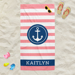 Nautische roze streep anker monogram naam strandlaken