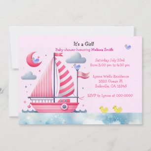 Nautische Roze Zeilboot Baby Meisje Douche Uitnodi Kaart